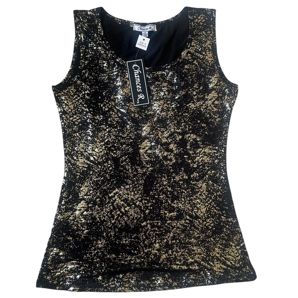 Chances R Womens Black Gold Sparkle‎ Metallic Print Tank Top Size Small